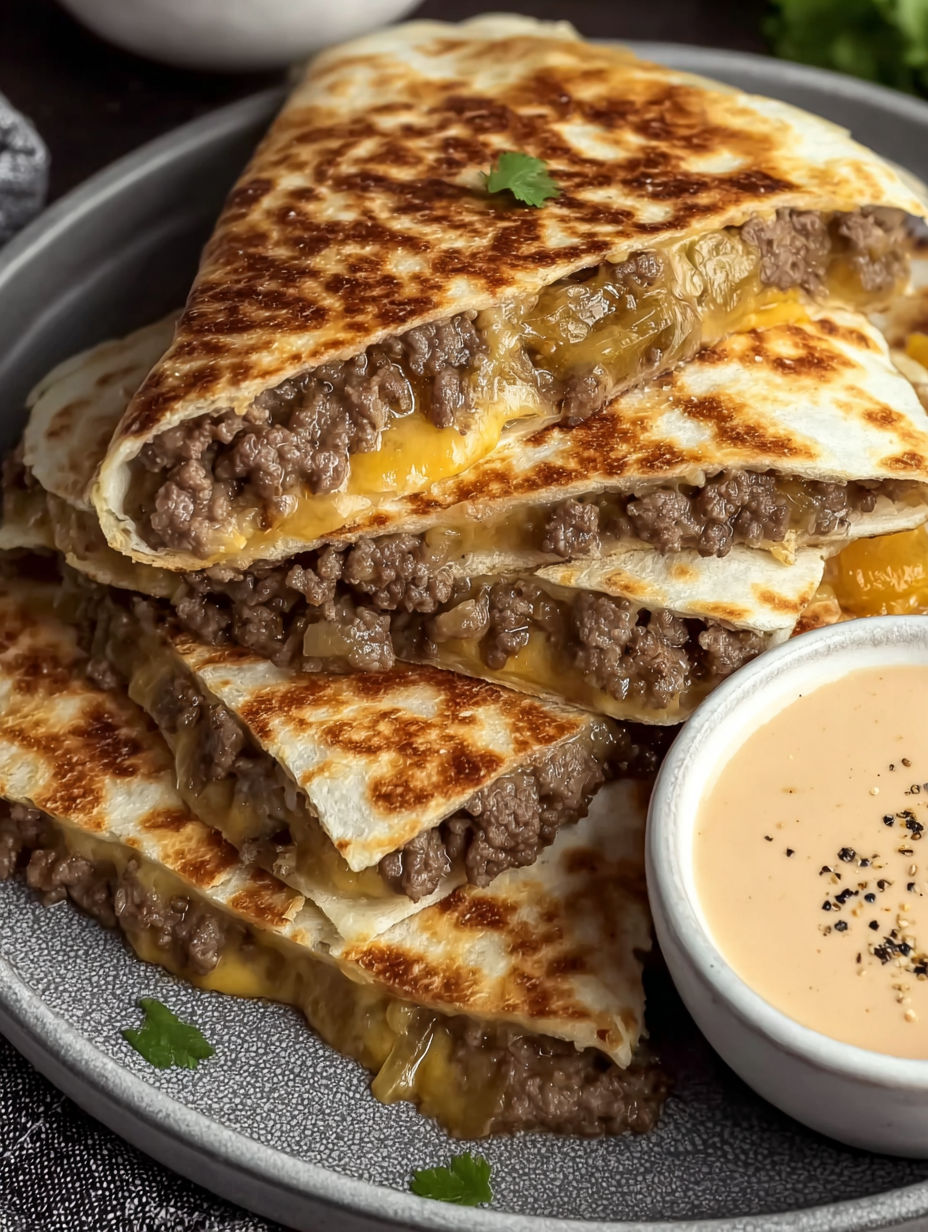 A stack of cheeseburger quesadillas with a bowl of dipping sauce.