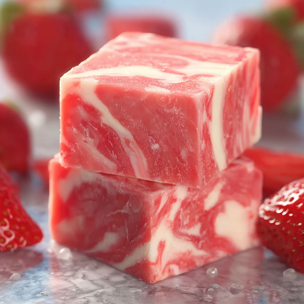A piece of red meat sits on a table next to strawberries.