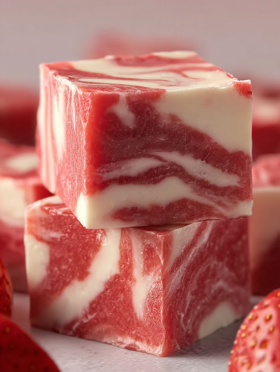 A piece of red and white fudge with strawberries on top.