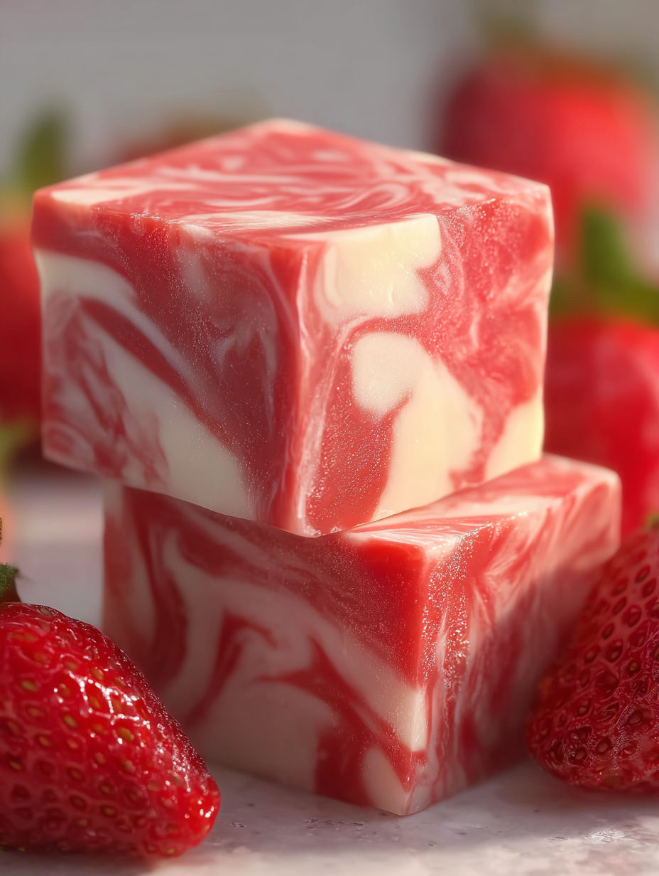 A piece of red and white fudge with strawberries on top.
