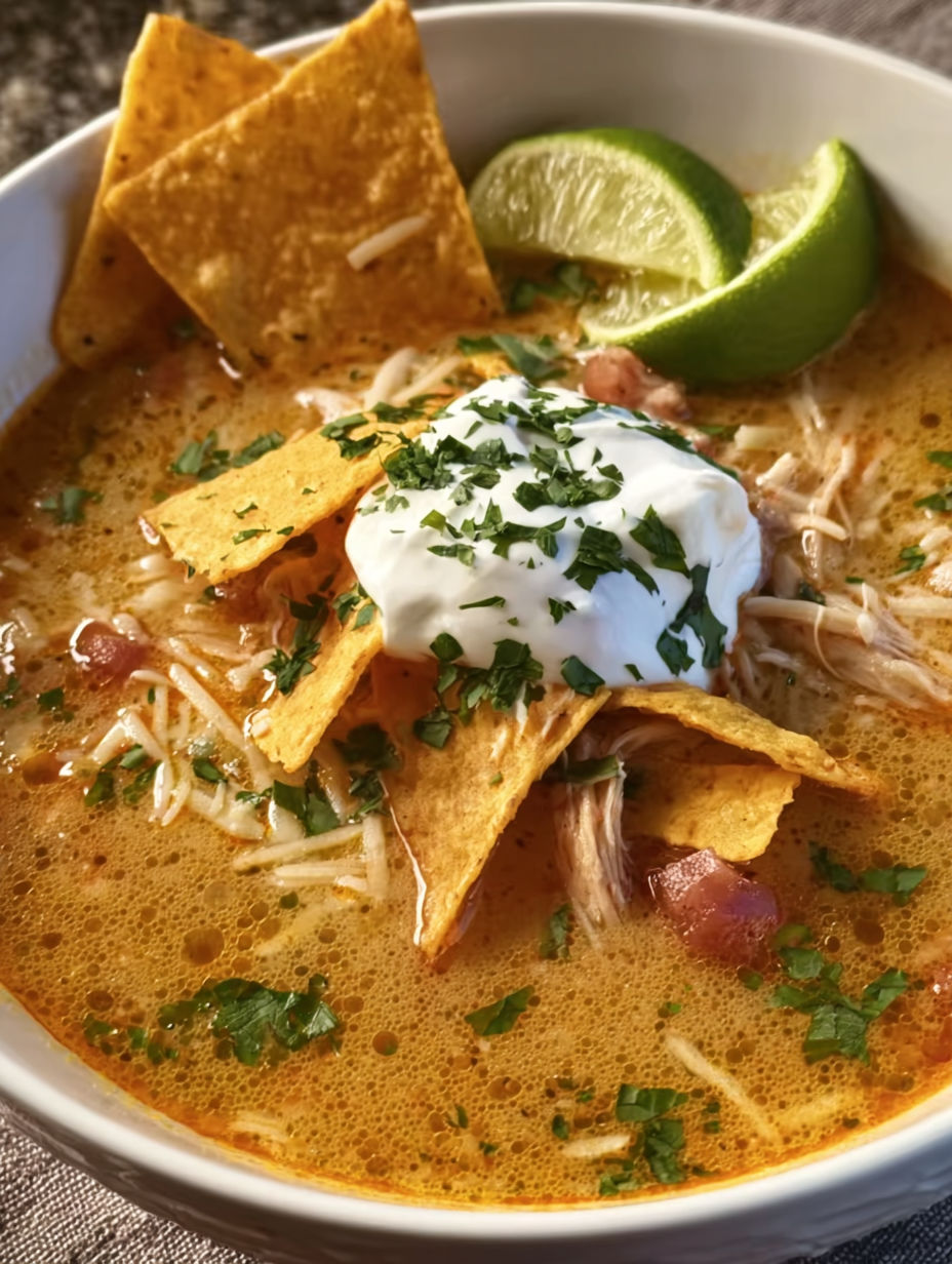 A bowl of chicken tortilla soup with a side of chips.