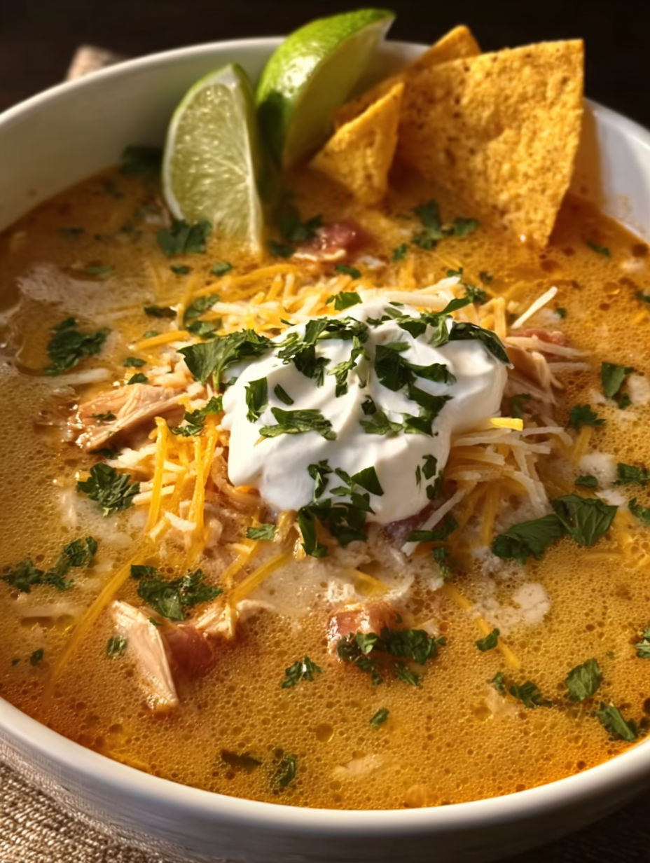 A bowl of chicken tortilla soup with a dollop of sour cream on top.