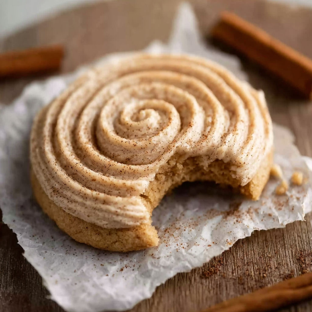 A half eaten cookie with cinnamon buttercream.