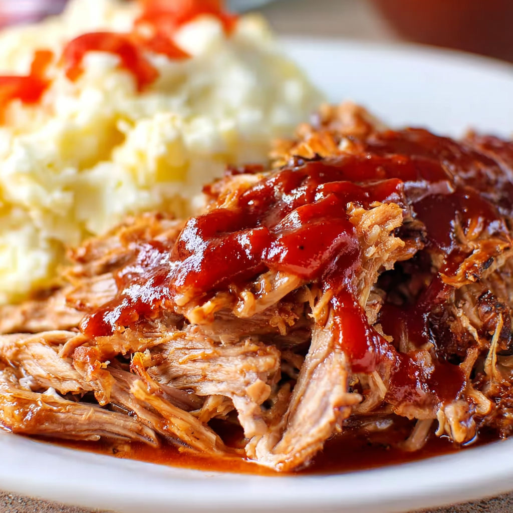 A plate of oven roasted pulled pork and mashed potatoes.