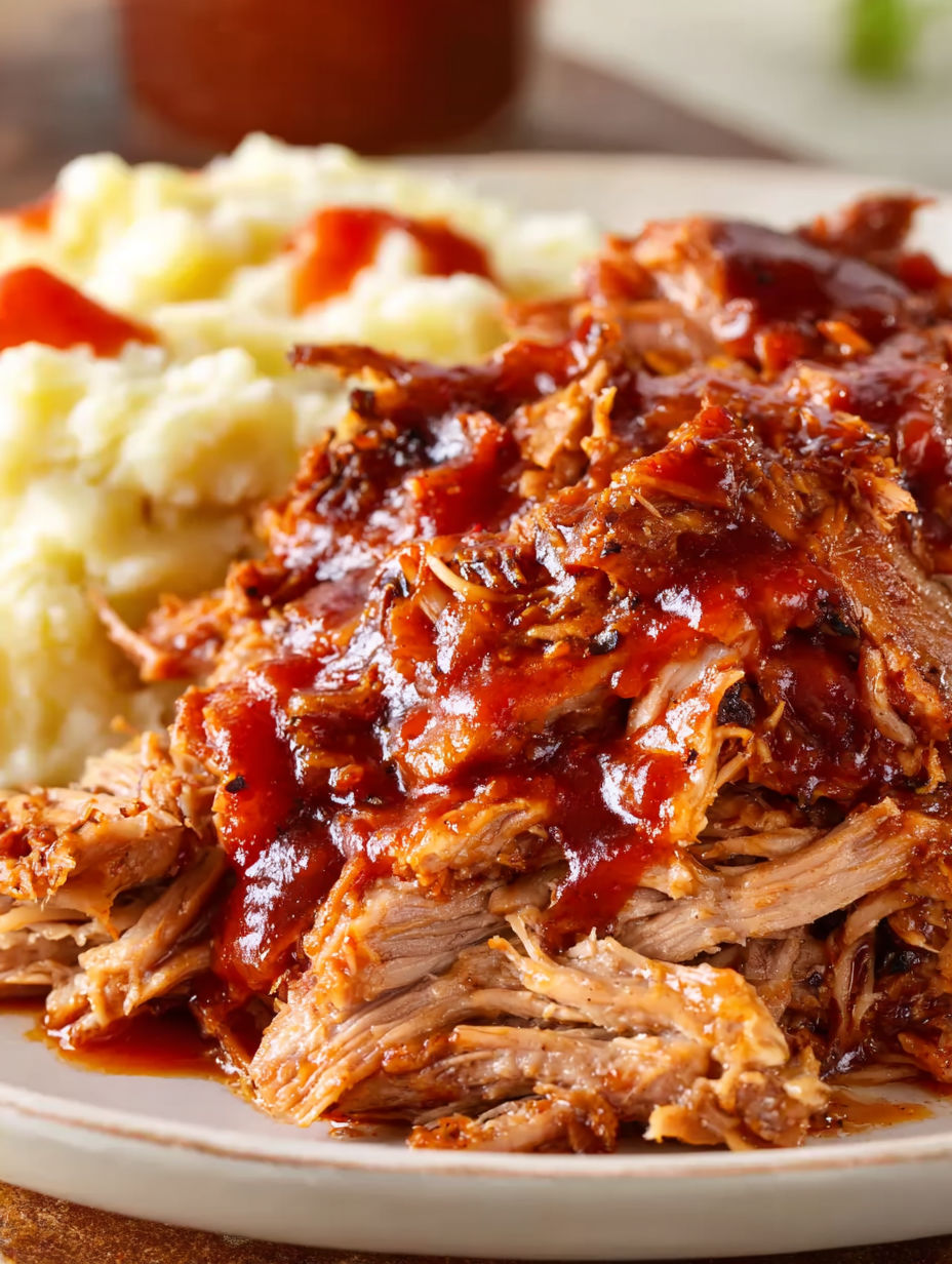 A plate of oven roasted pulled pork with mashed potatoes and gravy.