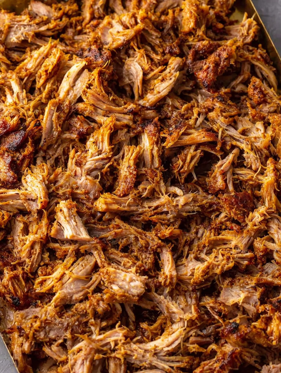A close up of oven roasted pulled pork.