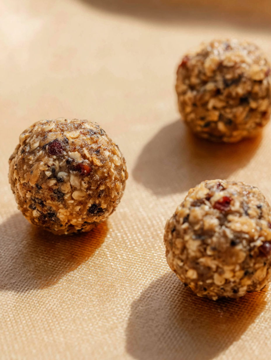 Three balls of peanut butter and rice krispies.