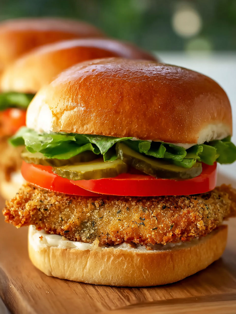 A sandwich with lettuce, tomato, pickles, and chicken.