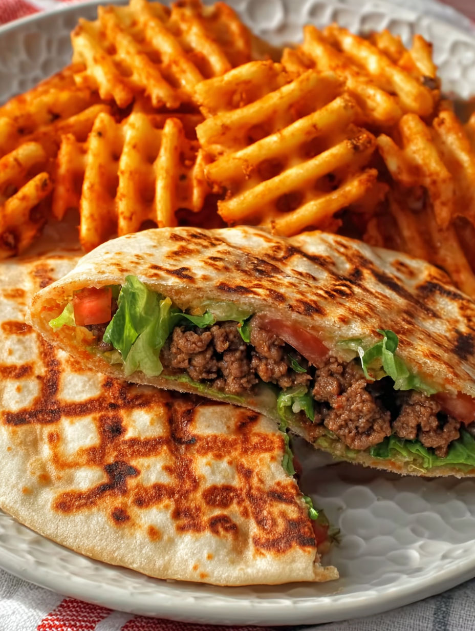 A quesadilla burger with lettuce and tomato.