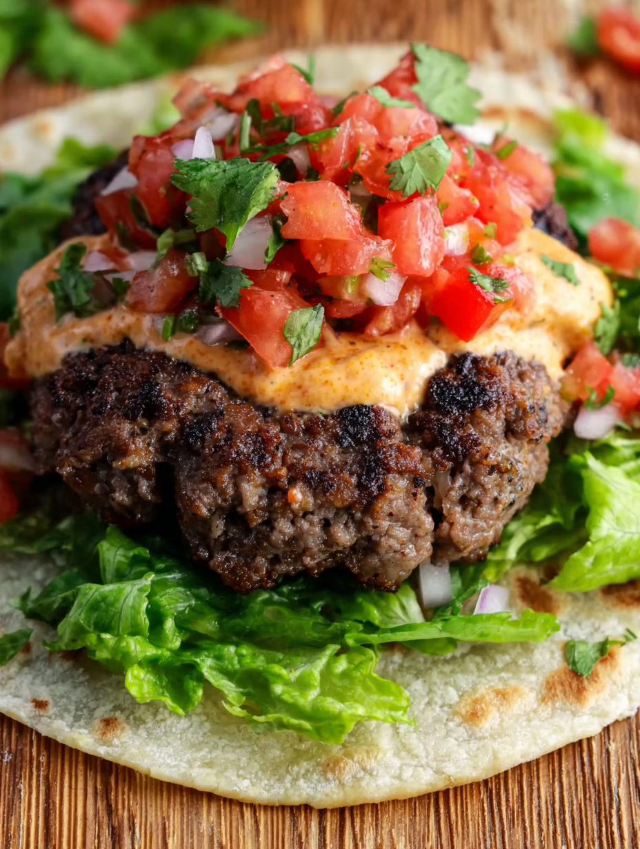 A quesadilla burger with tomatoes and lettuce.