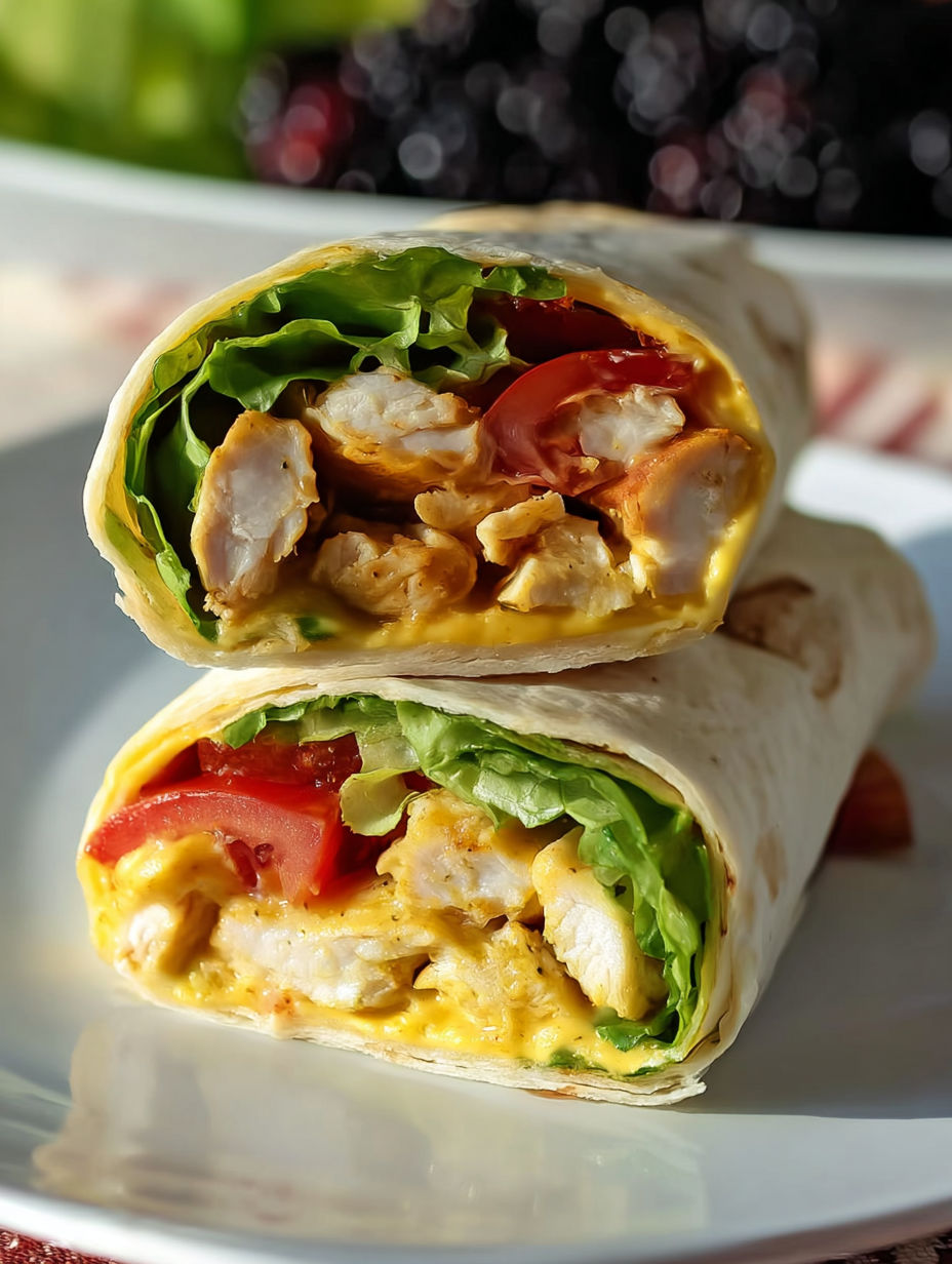 A plate with two chicken wraps on it.