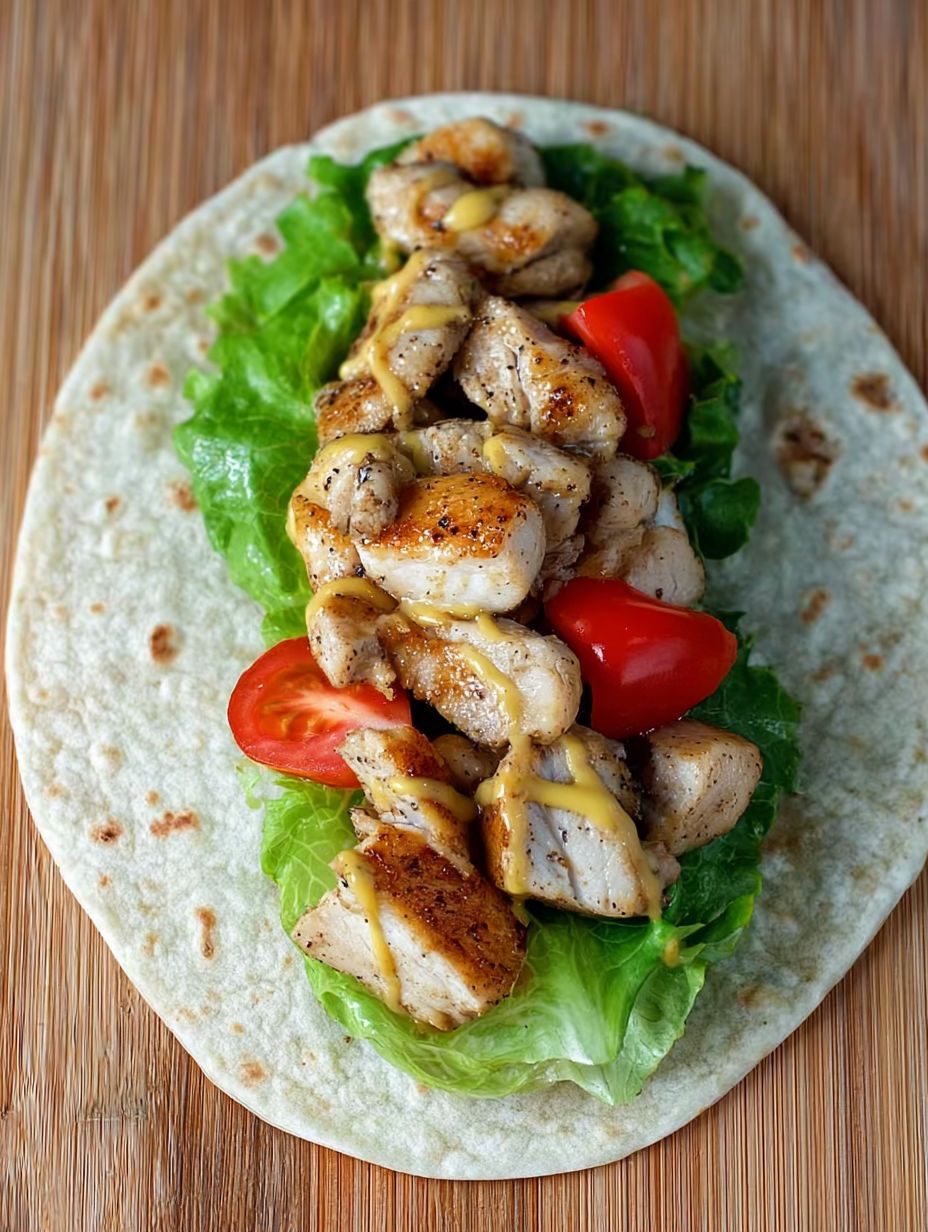 A chicken wrap with lettuce and honey mustard.