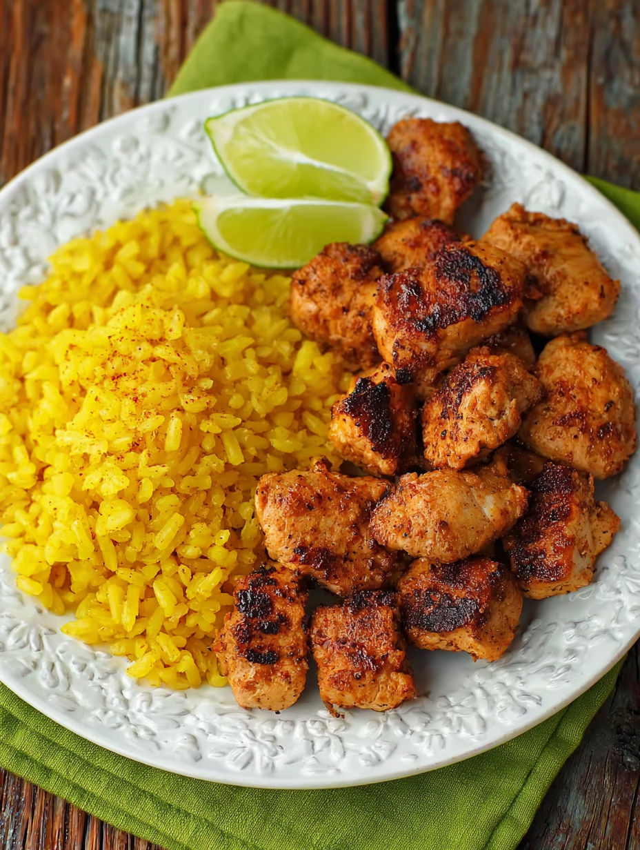 A plate of food with rice and meat.