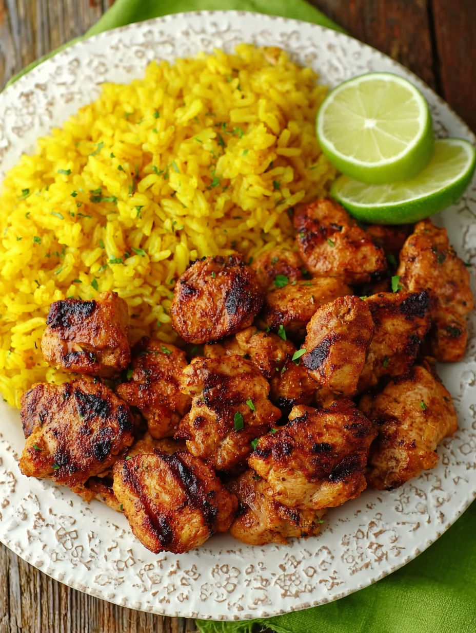 A plate of chicken and rice.