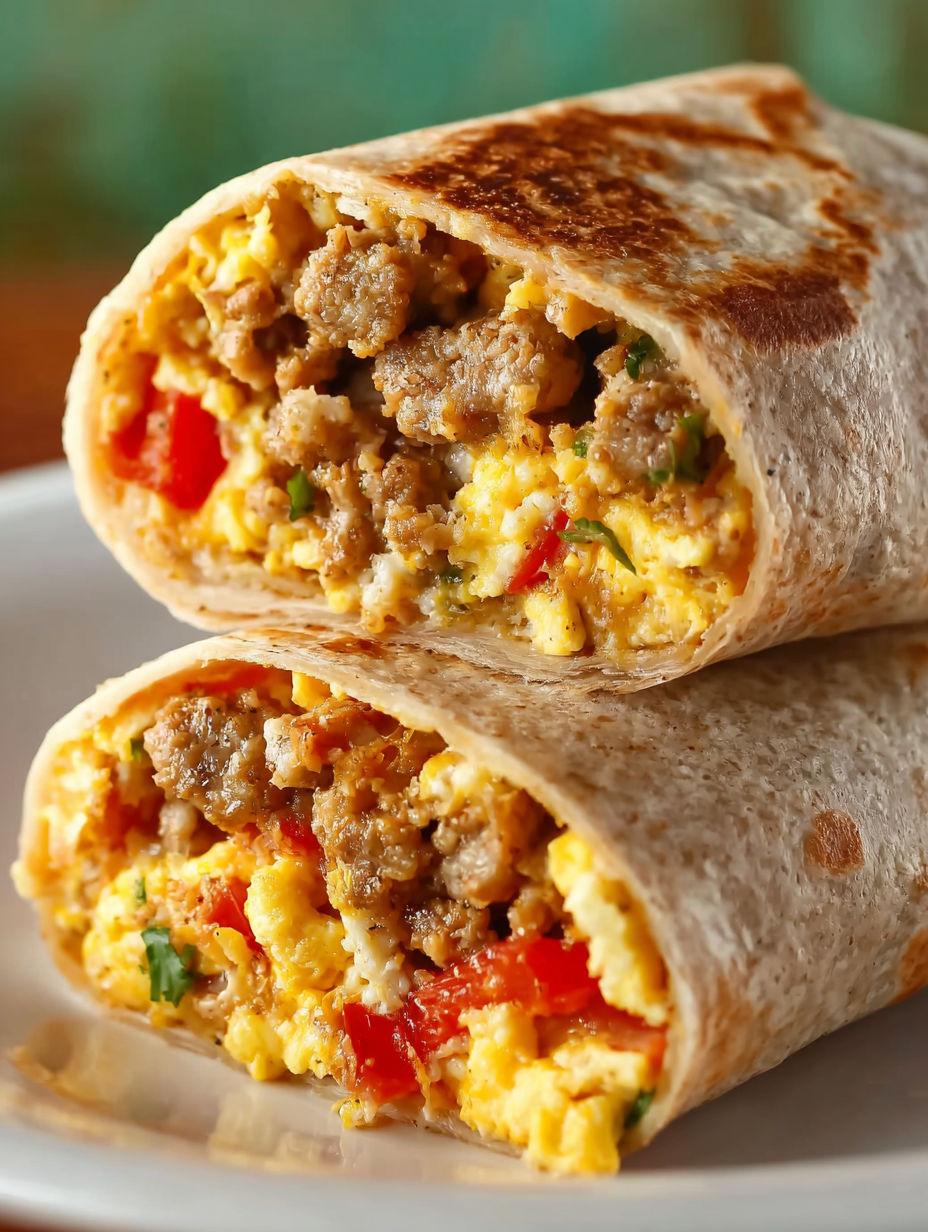 Two breakfast burritos filled with sausage and eggs.