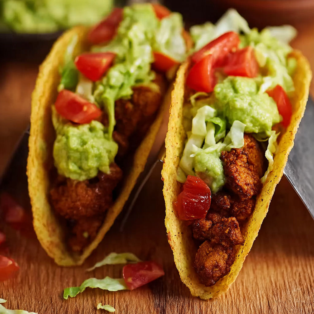 Two tacos with lettuce and tomatoes.