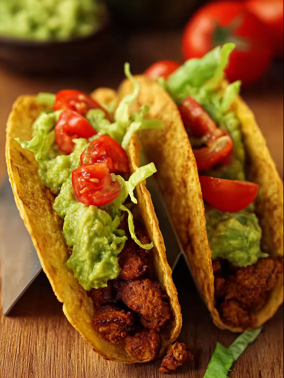 Two tacos filled with chicken and tomatoes.