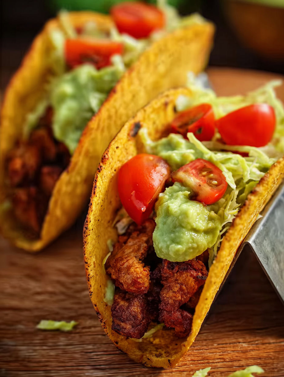 Two tacos with chicken and tomatoes.