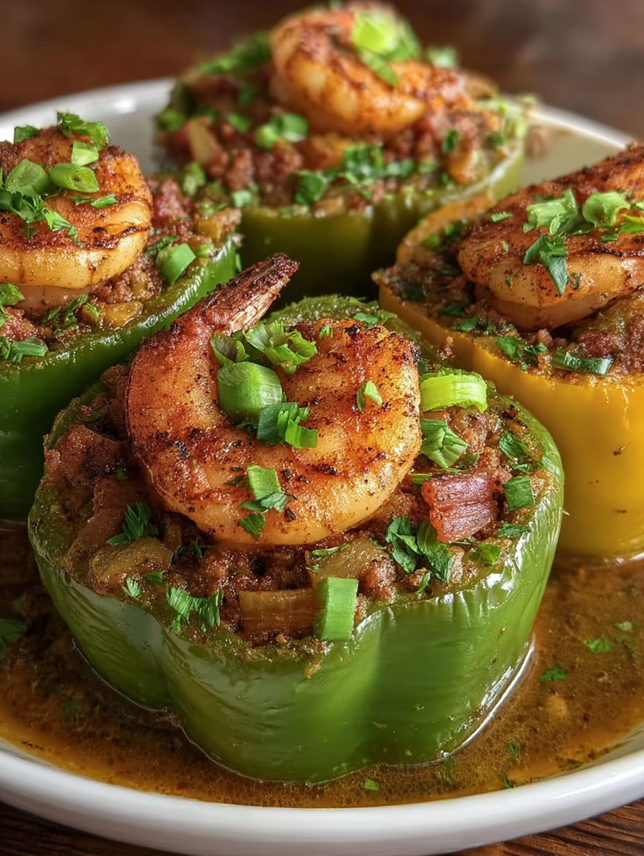 A plate of stuffed peppers with shrimp and sausage.