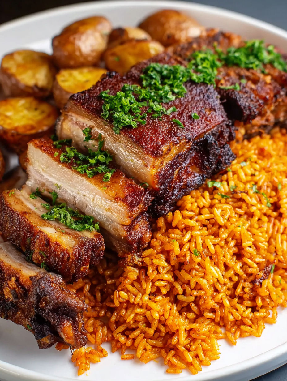 A plate of Puerto Rican roast pork with rice and potatoes.