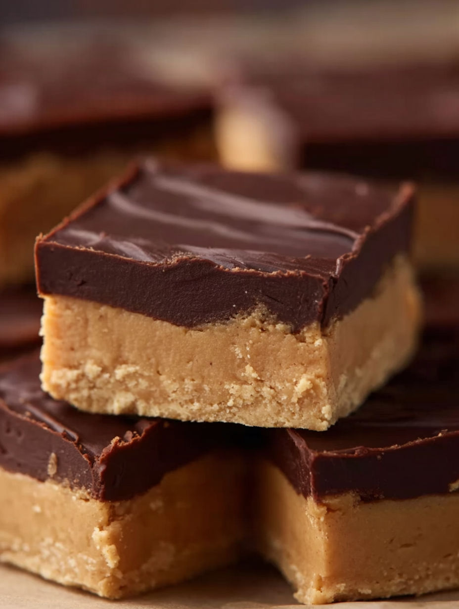 A close up of a chocolate and peanut butter buckeye bar.
