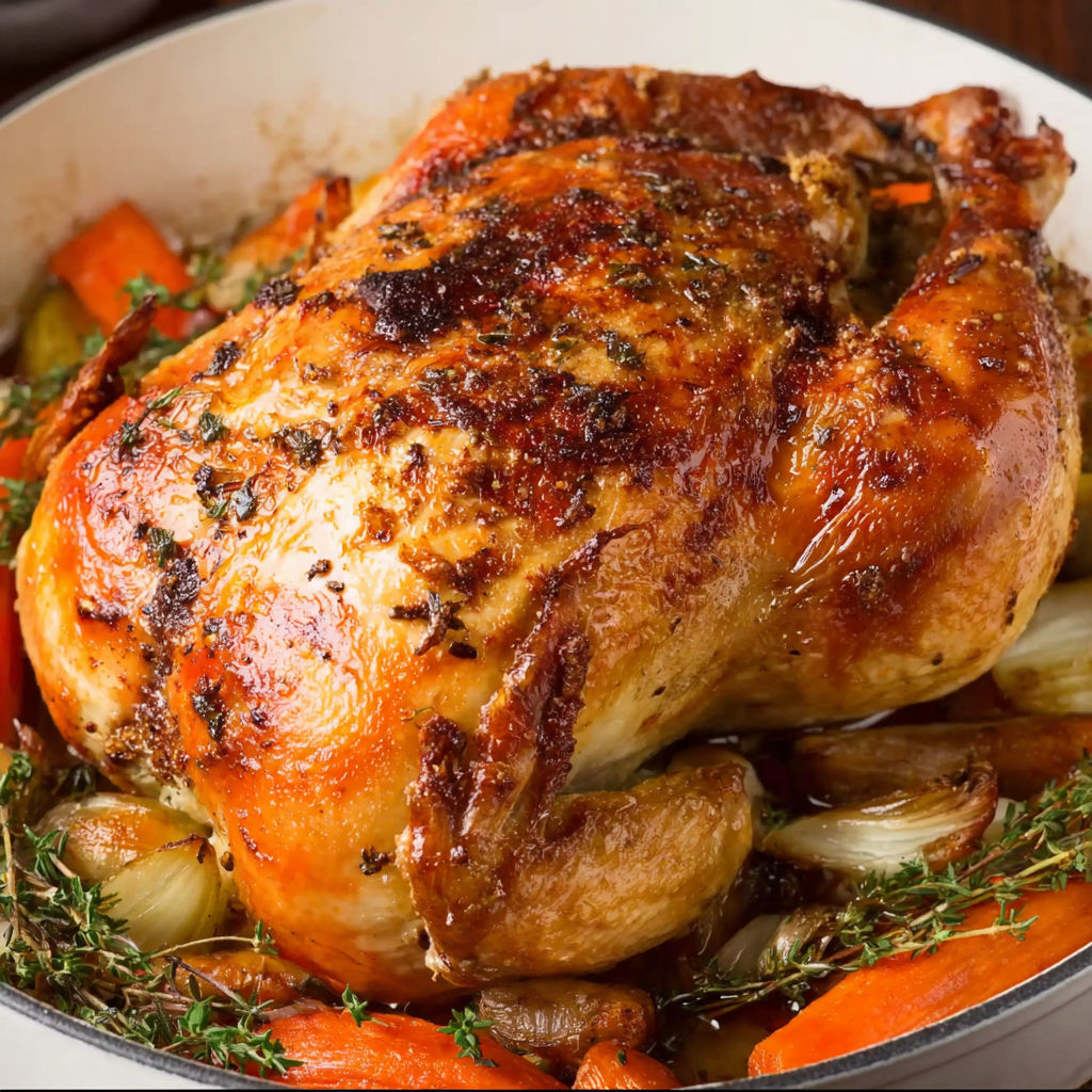 A whole roasted chicken with carrots and herbs.