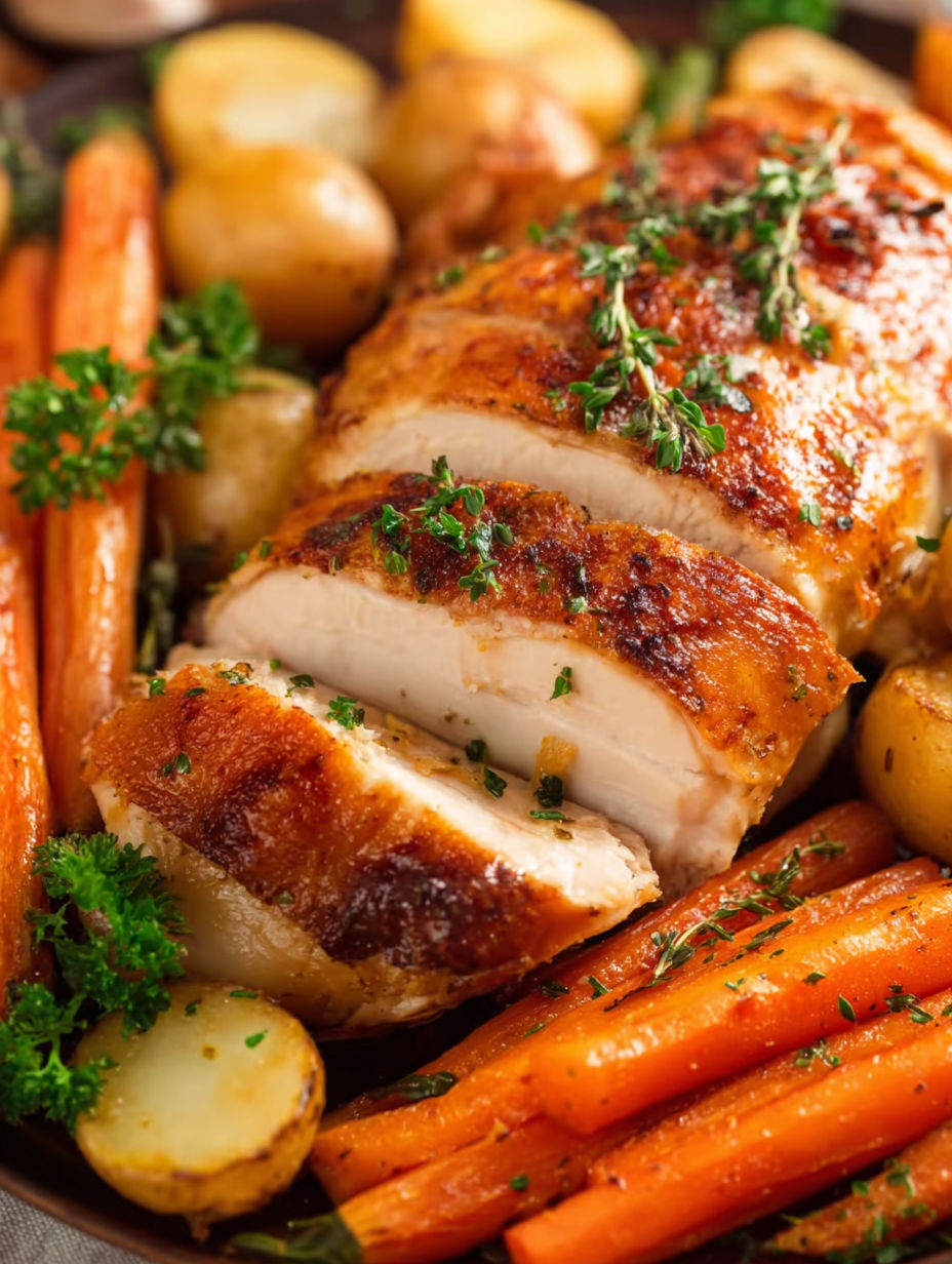 A whole roasted chicken with potatoes and carrots.