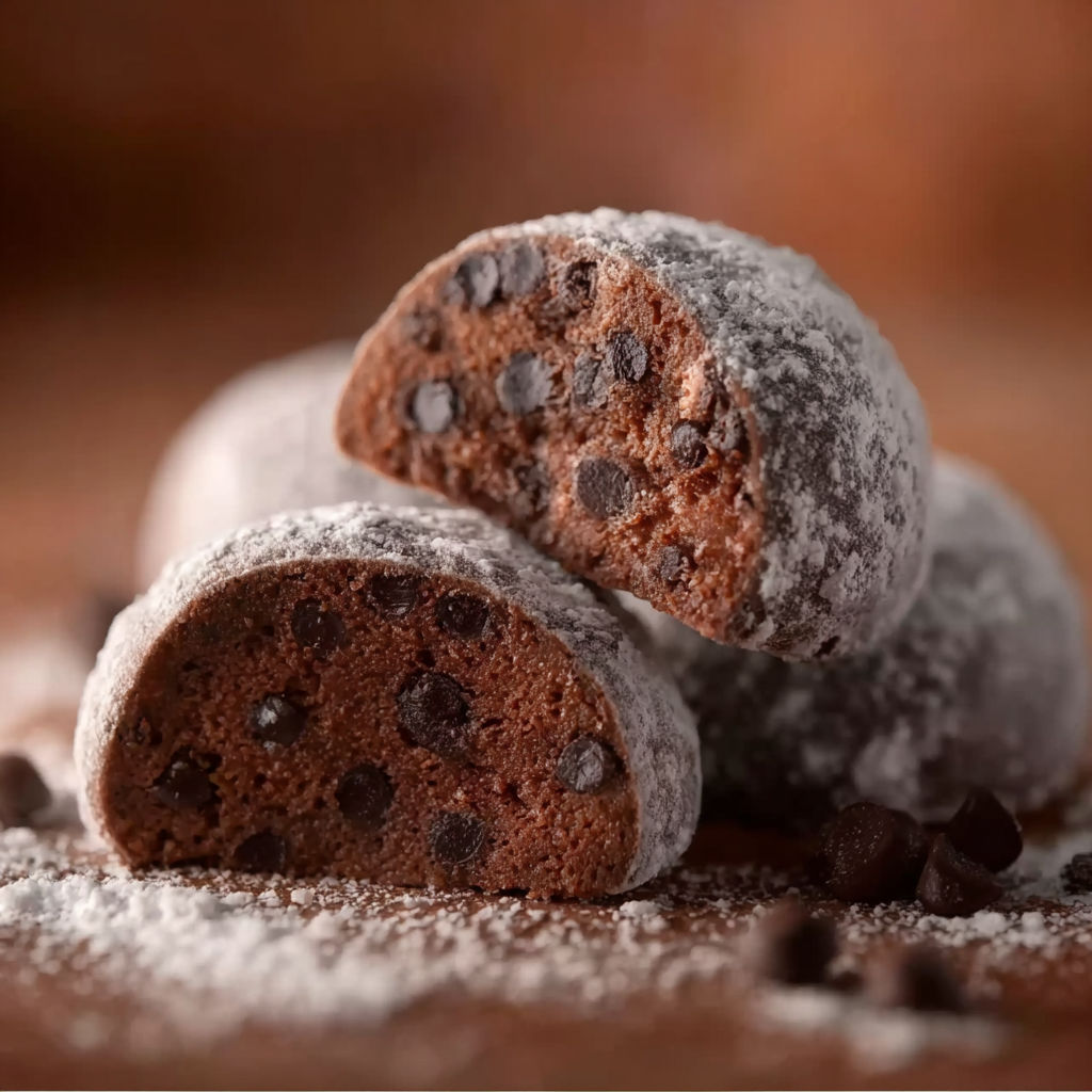 Chocolate snowball cookies on a table.