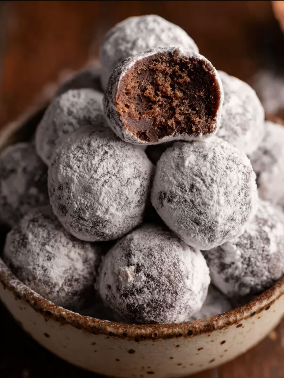 A bowl of chocolate snowball cookies.