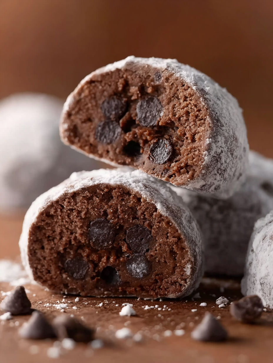 A close up of a chocolate snowball cookie.