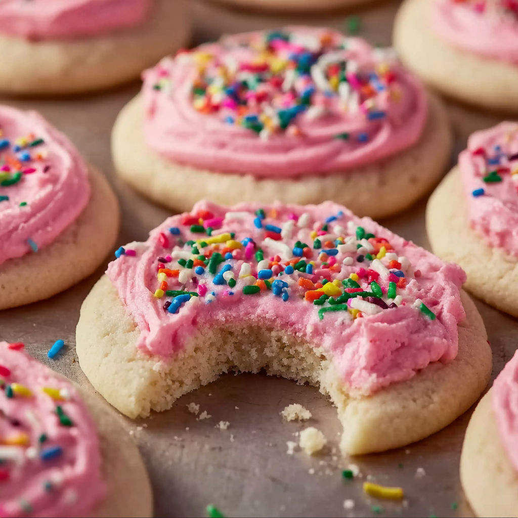 A pink frosted cookie with a bite taken out of it.