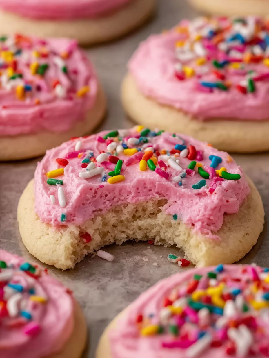 A slice of pink frosted cookie with white sprinkles.