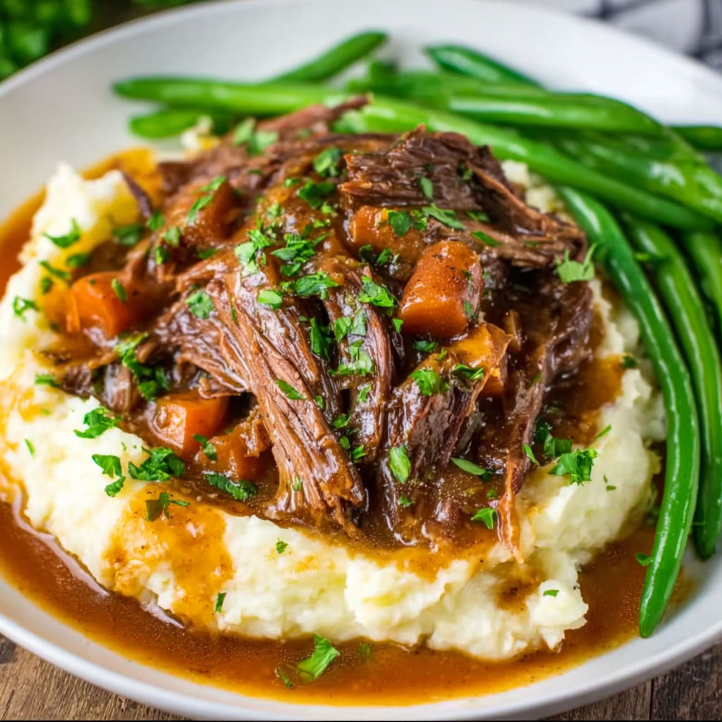 A plate of food with a crock pot Texas Roadhouse pot roast.