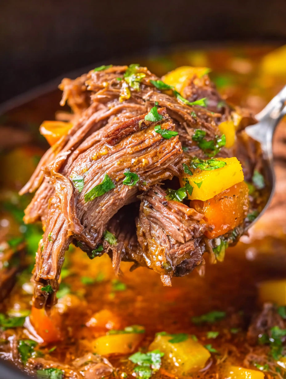 A close up of a fork in a crock pot with Texas Roadhouse pot roast.