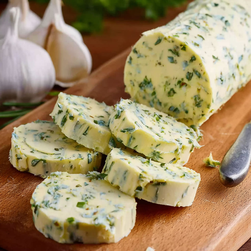A wooden cutting board with slices of garlic herb butter.