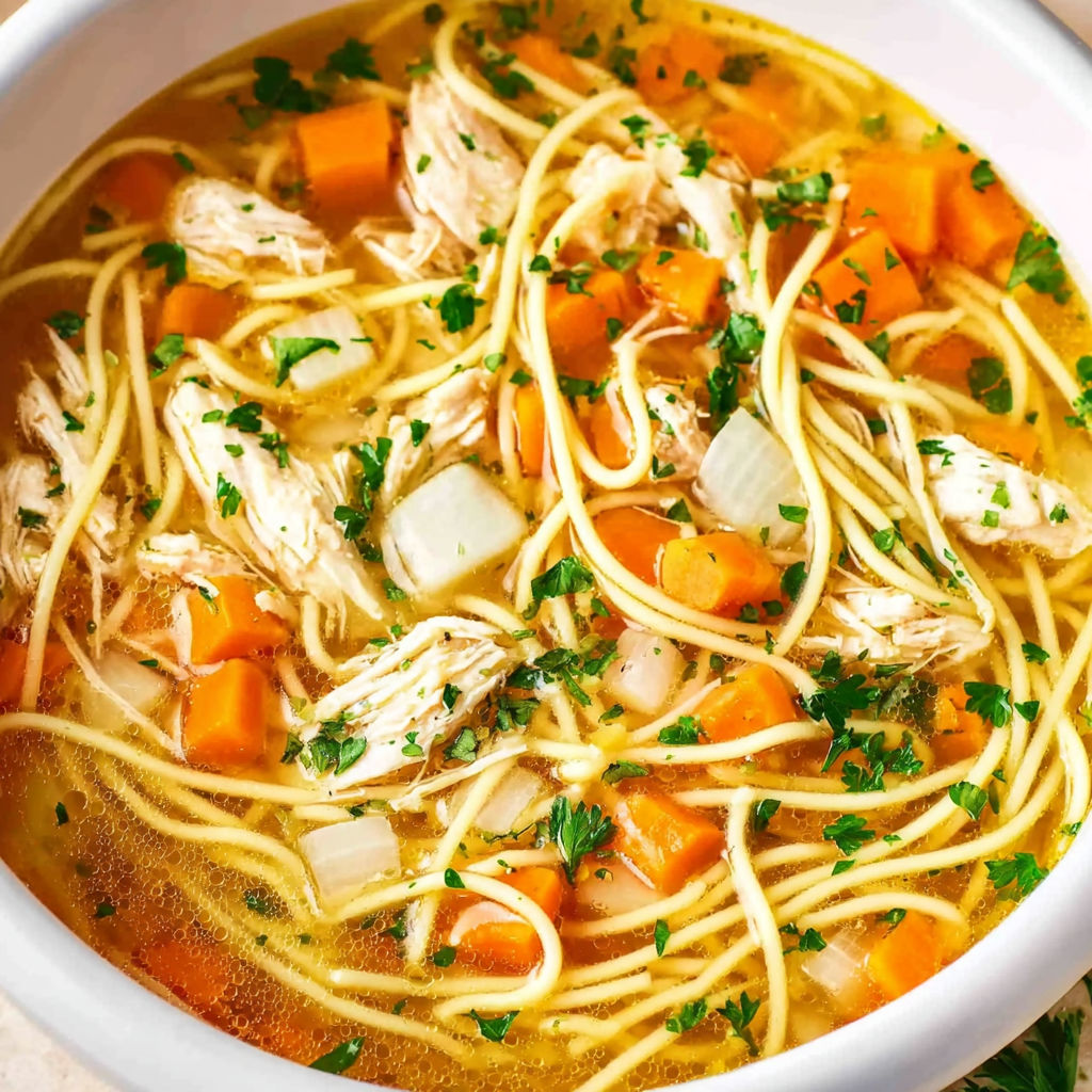 A bowl of soup with noodles and chicken.