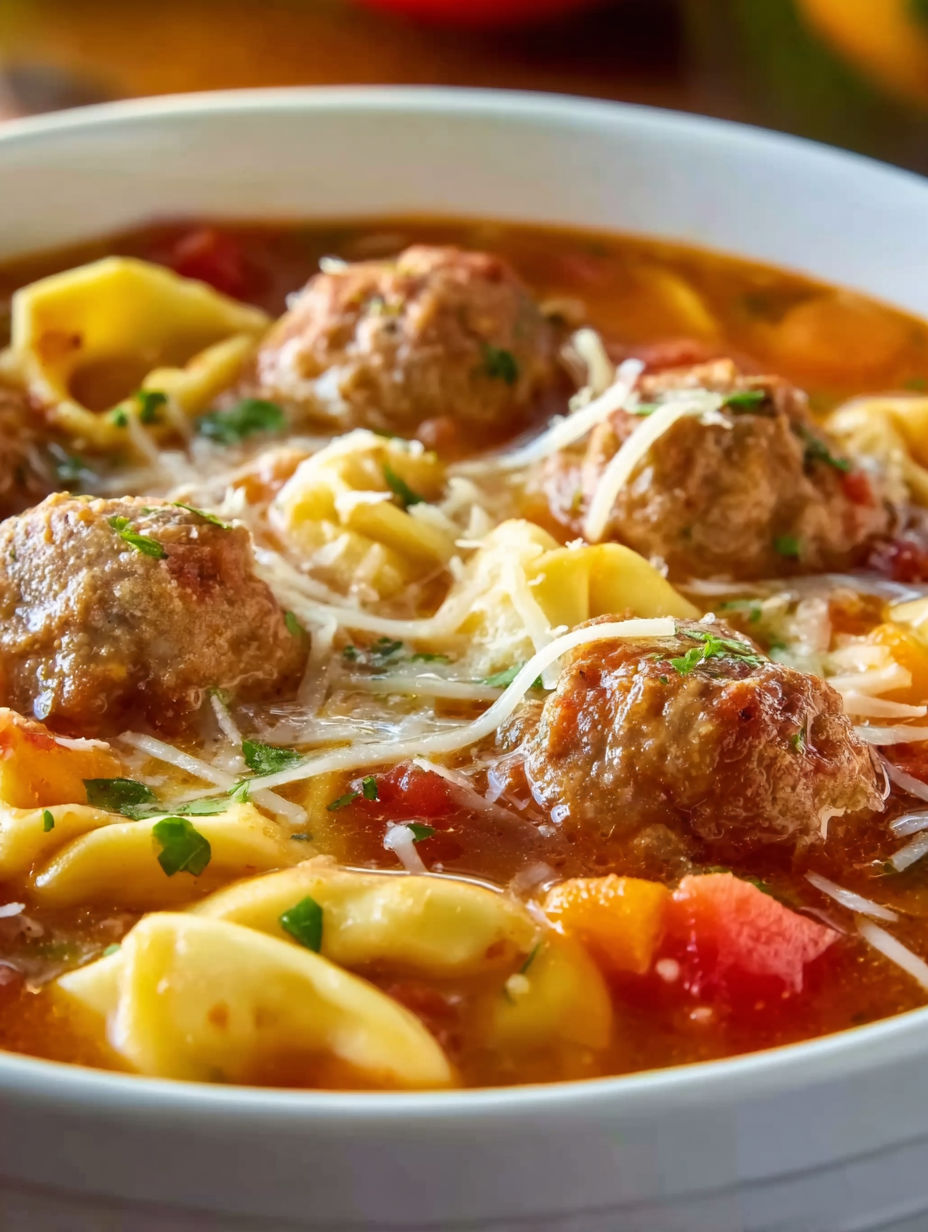 A bowl of meatball and tortellini soup.
