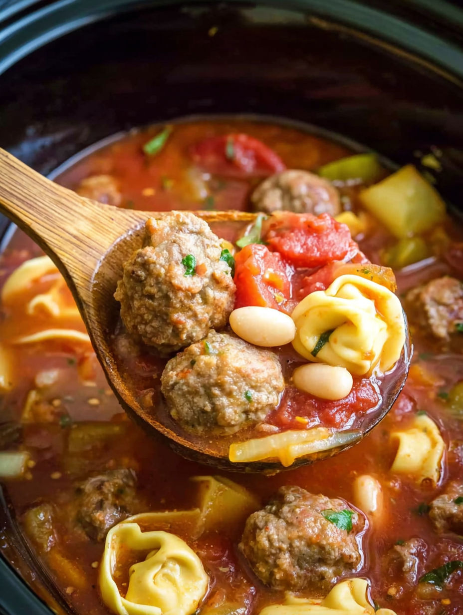 A wooden spoon is filled with meatballs and tortellini.