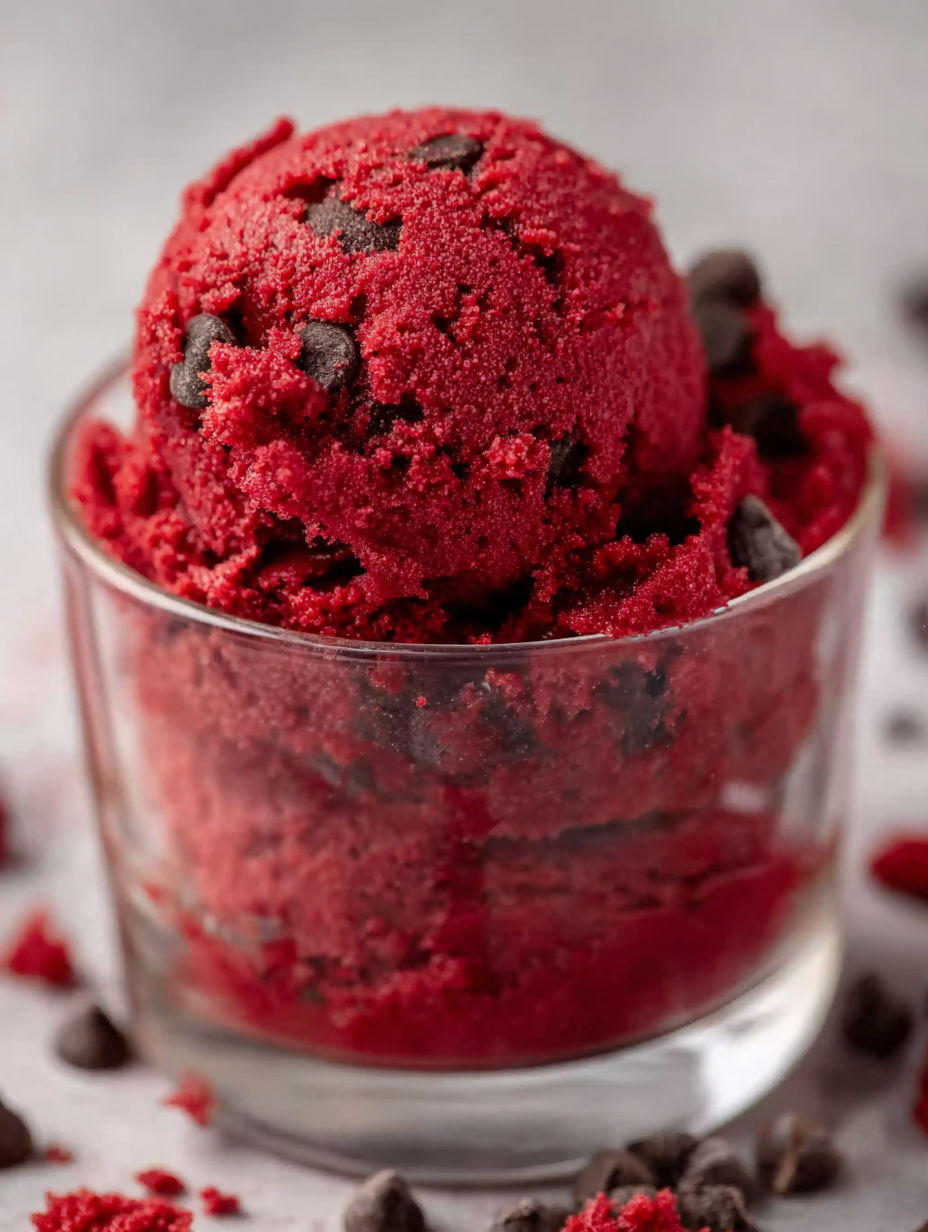A glass bowl filled with red velvet ice cream.
