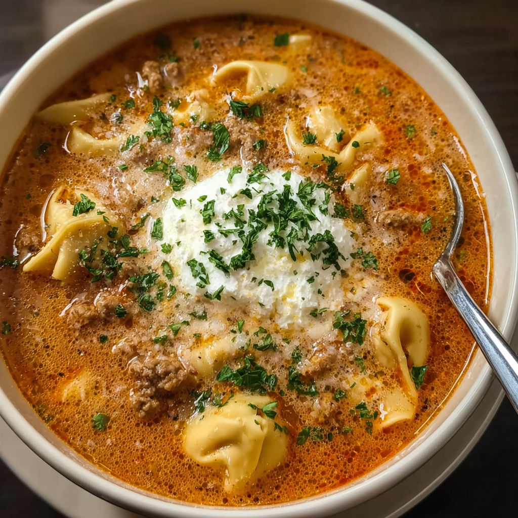 A bowl of meatball and tortellini soup.
