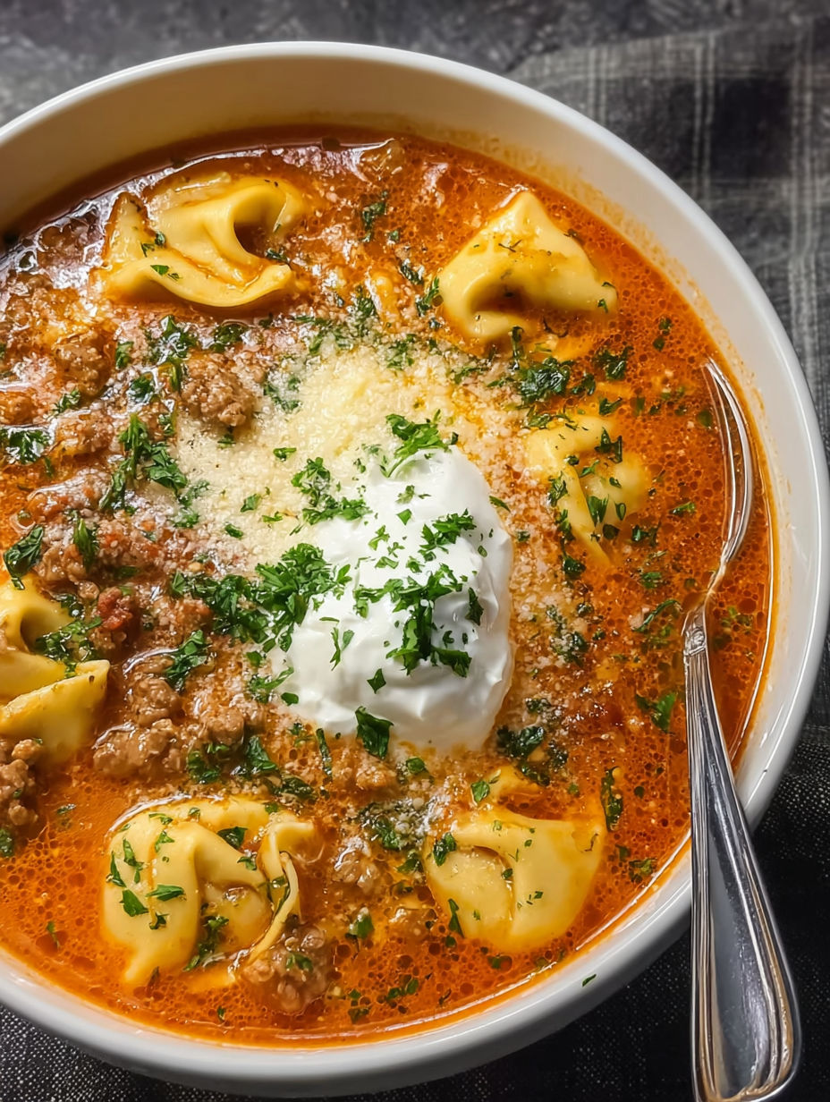 A bowl of soup with meatballs and tortellini.