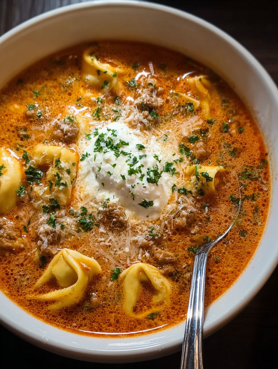 A bowl of meatball and tortellini soup.