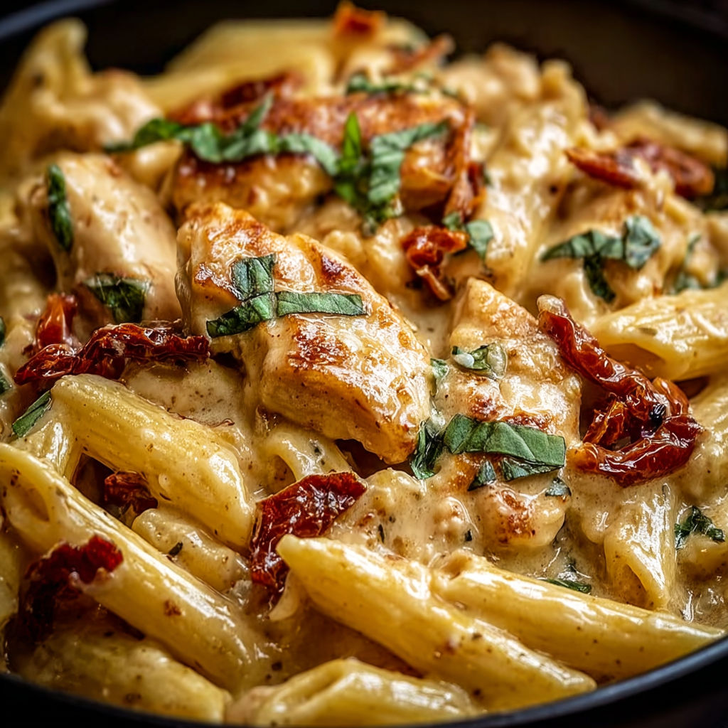 A bowl of creamy chicken penne pasta.