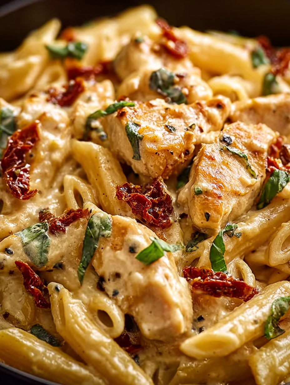 A creamy chicken penne pasta dish.