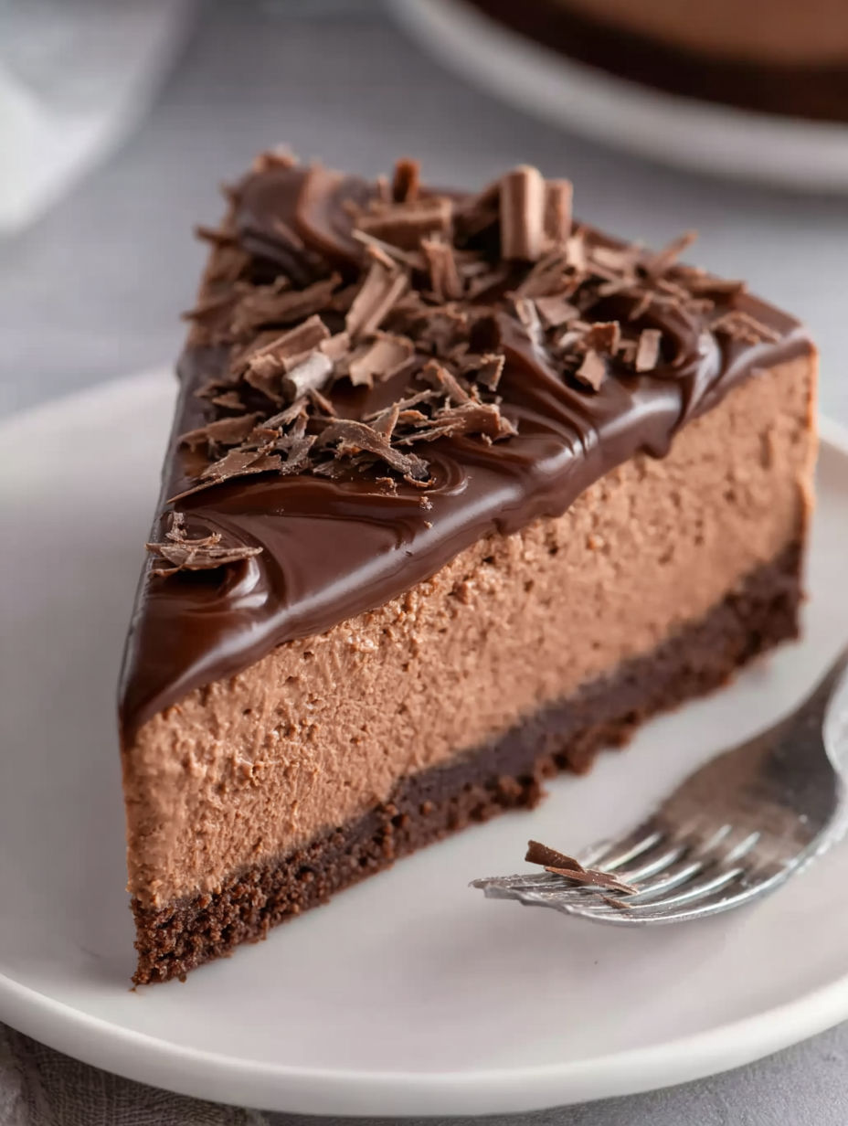 A slice of chocolate cheesecake with chocolate drizzle.