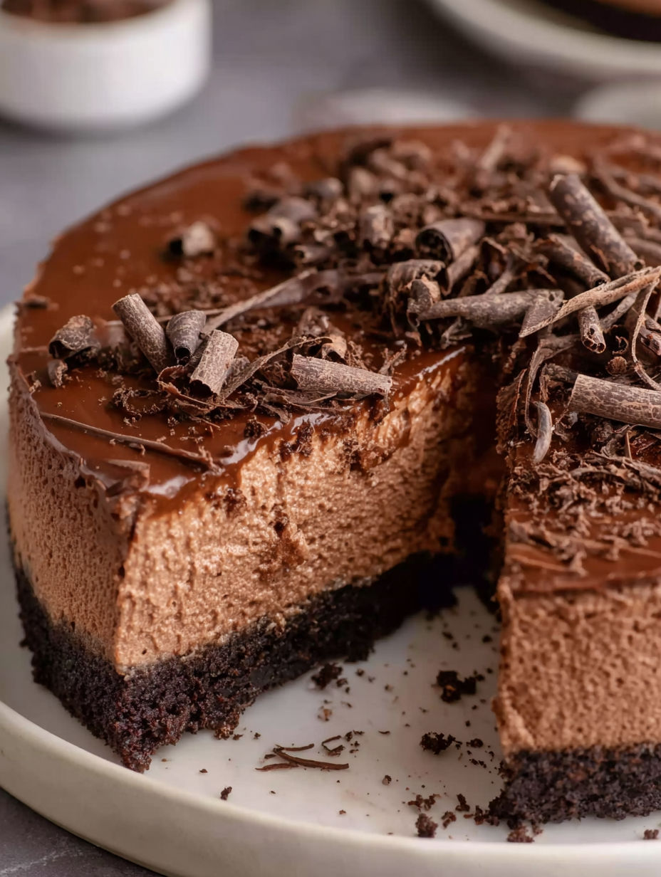 A slice of chocolate cheesecake with chocolate chips on top.