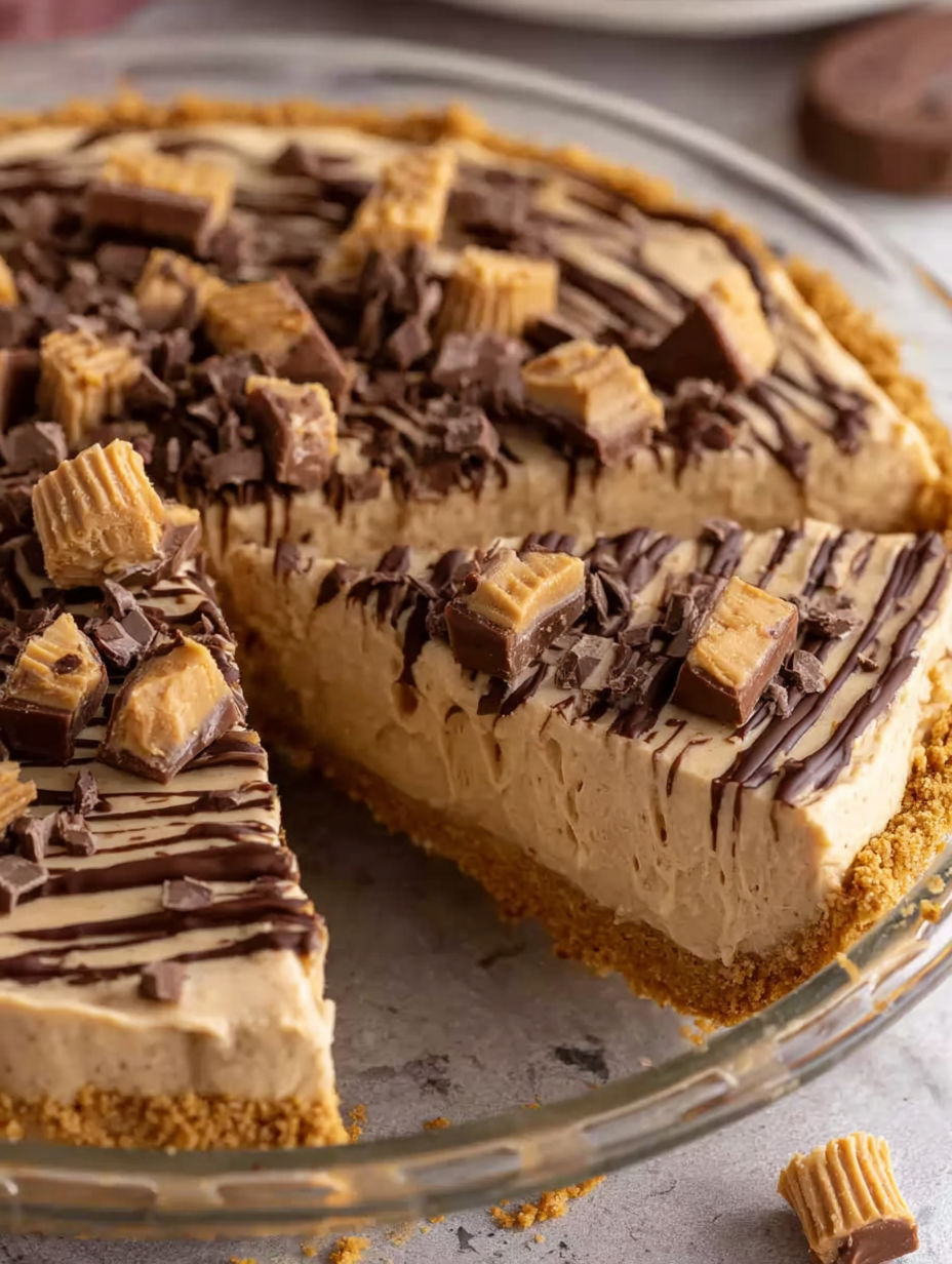 A slice of peanut butter pie with chocolate drizzled on top.