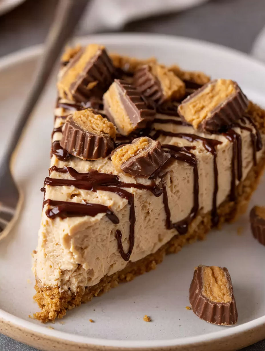 A slice of pie with chocolate drizzled on top.