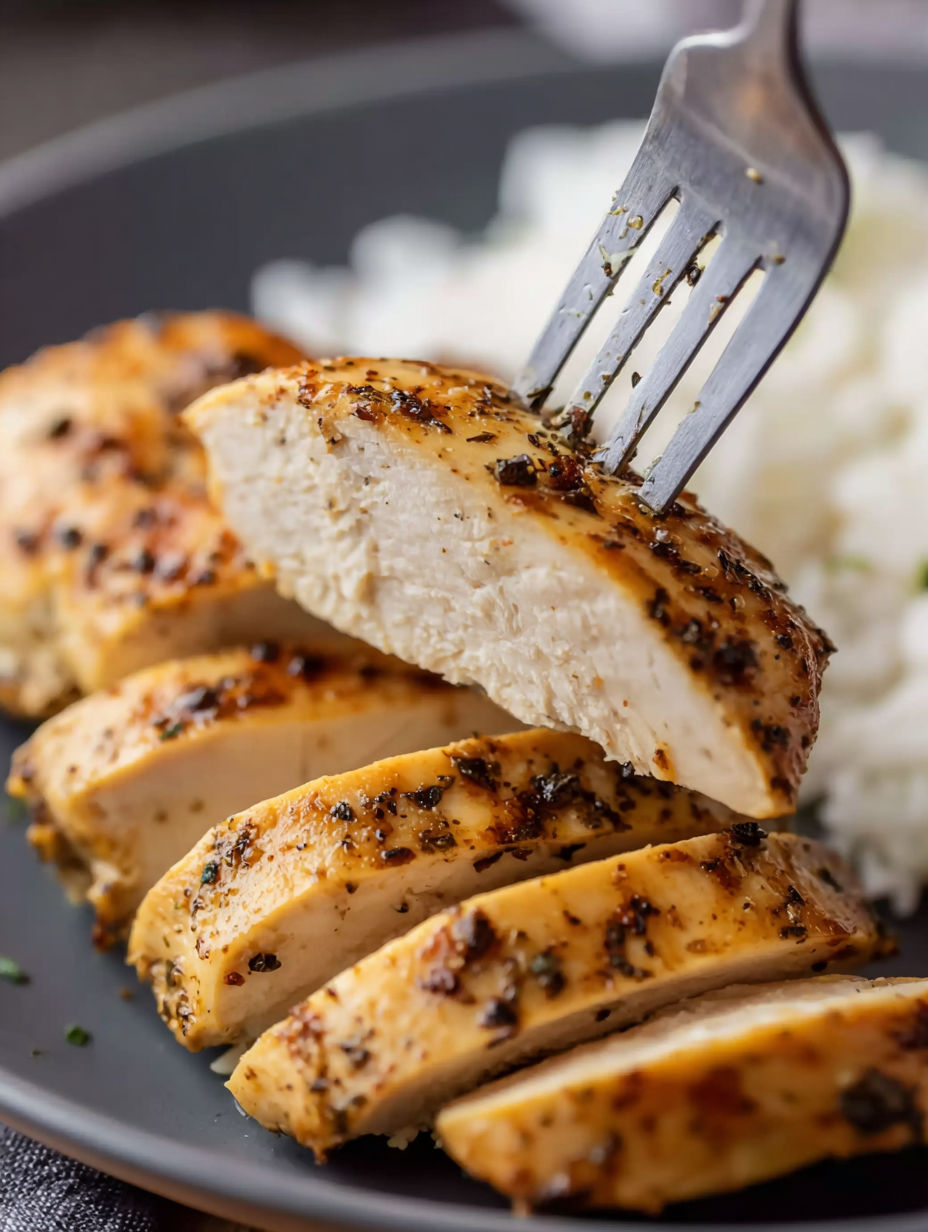 A fork is stuck in a piece of chicken.