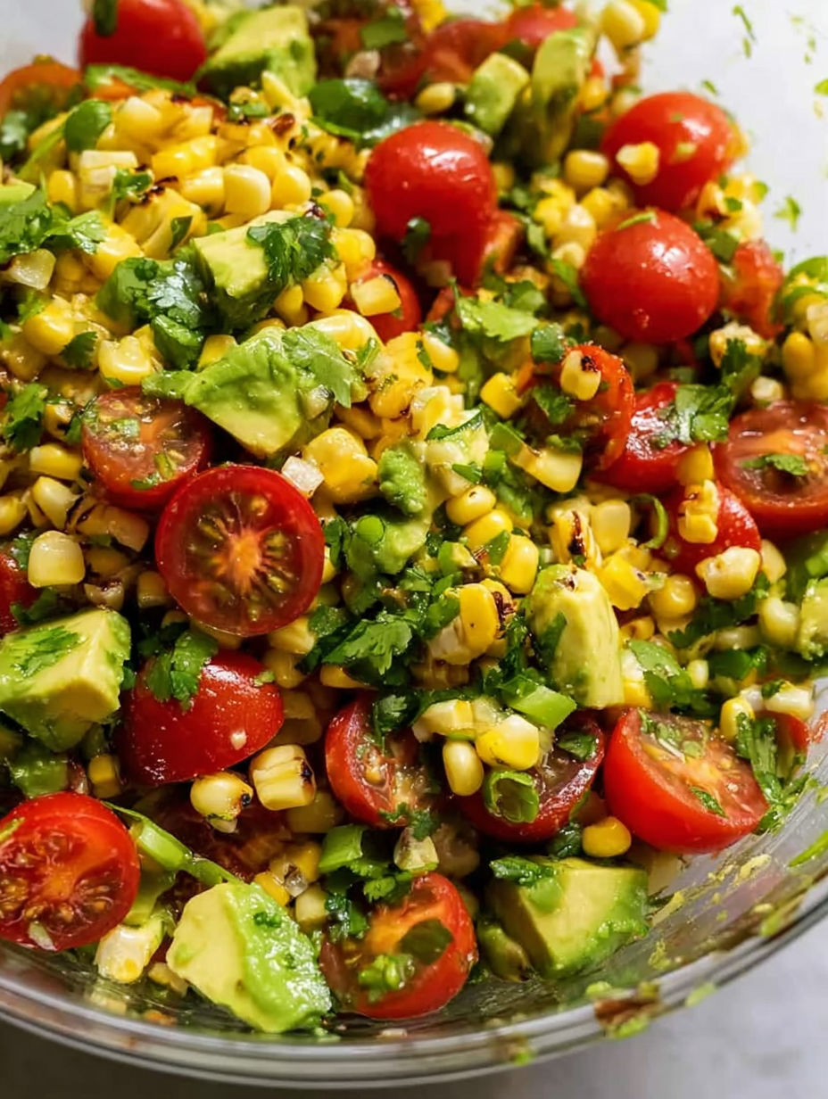 A bowl of fresh vegetables including corn, tomatoes, and avocado.